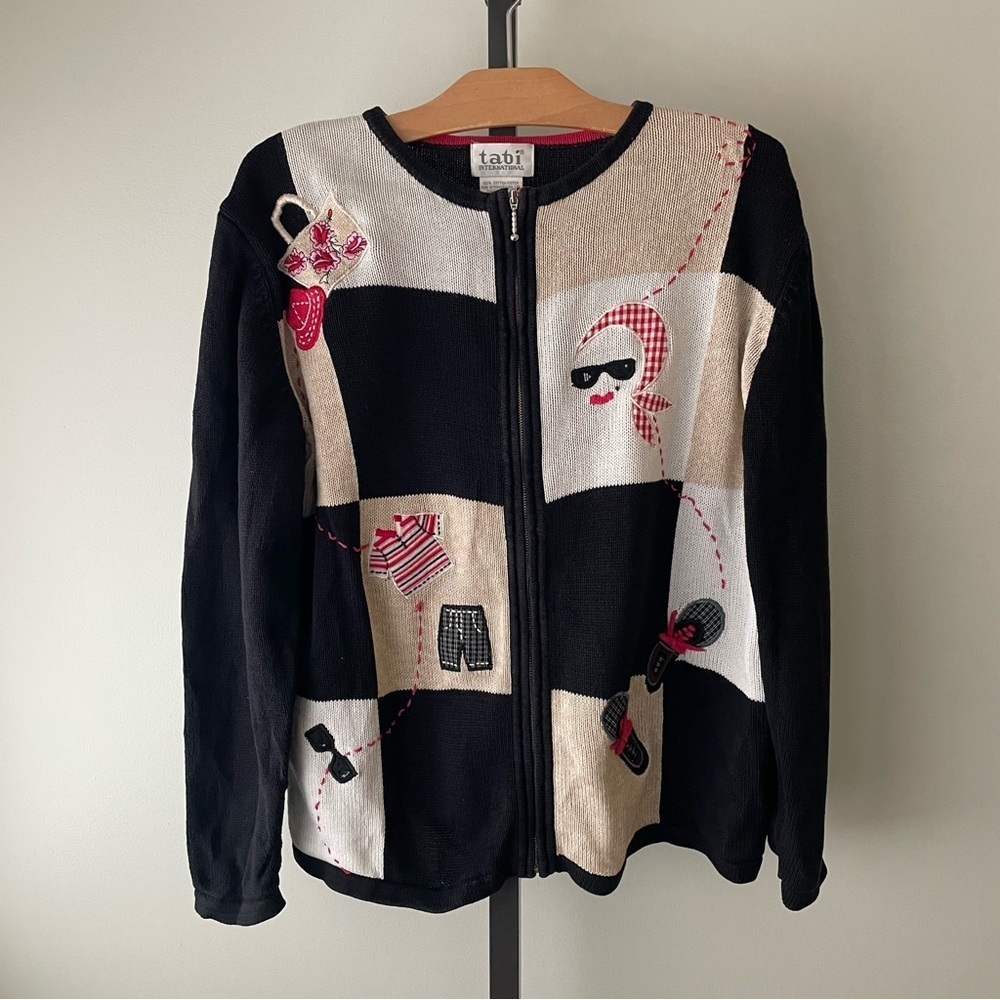 Vintage Tabi Knit Embroidered Graphic Patchwork Art Cardigan Sweater Size Large